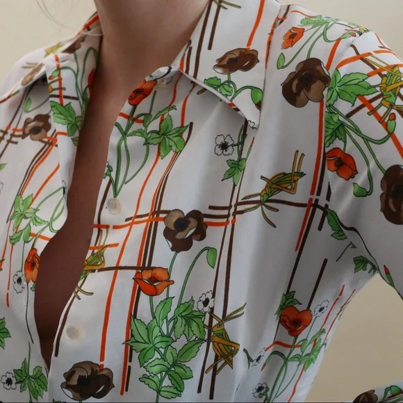 Vintage 70s Button Up Shirt Collared Bold Floral Print White + Green Pattern - Picture 7 of 7